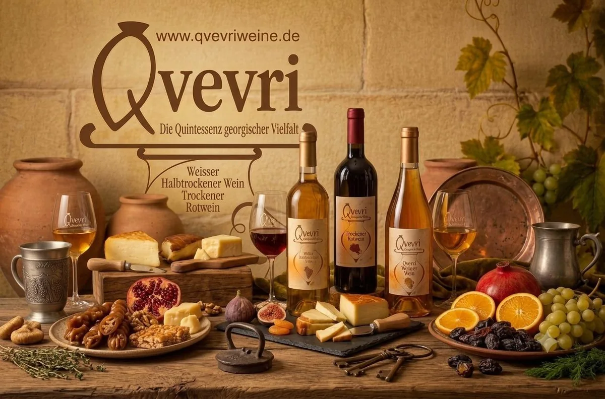 Werbebild von Qvevri: drei Flaschen georgischer Wein und Weingläser, dazu Käse, Granatapfel, Orangen, Trauben und Tonkrüge auf einem Holztisch